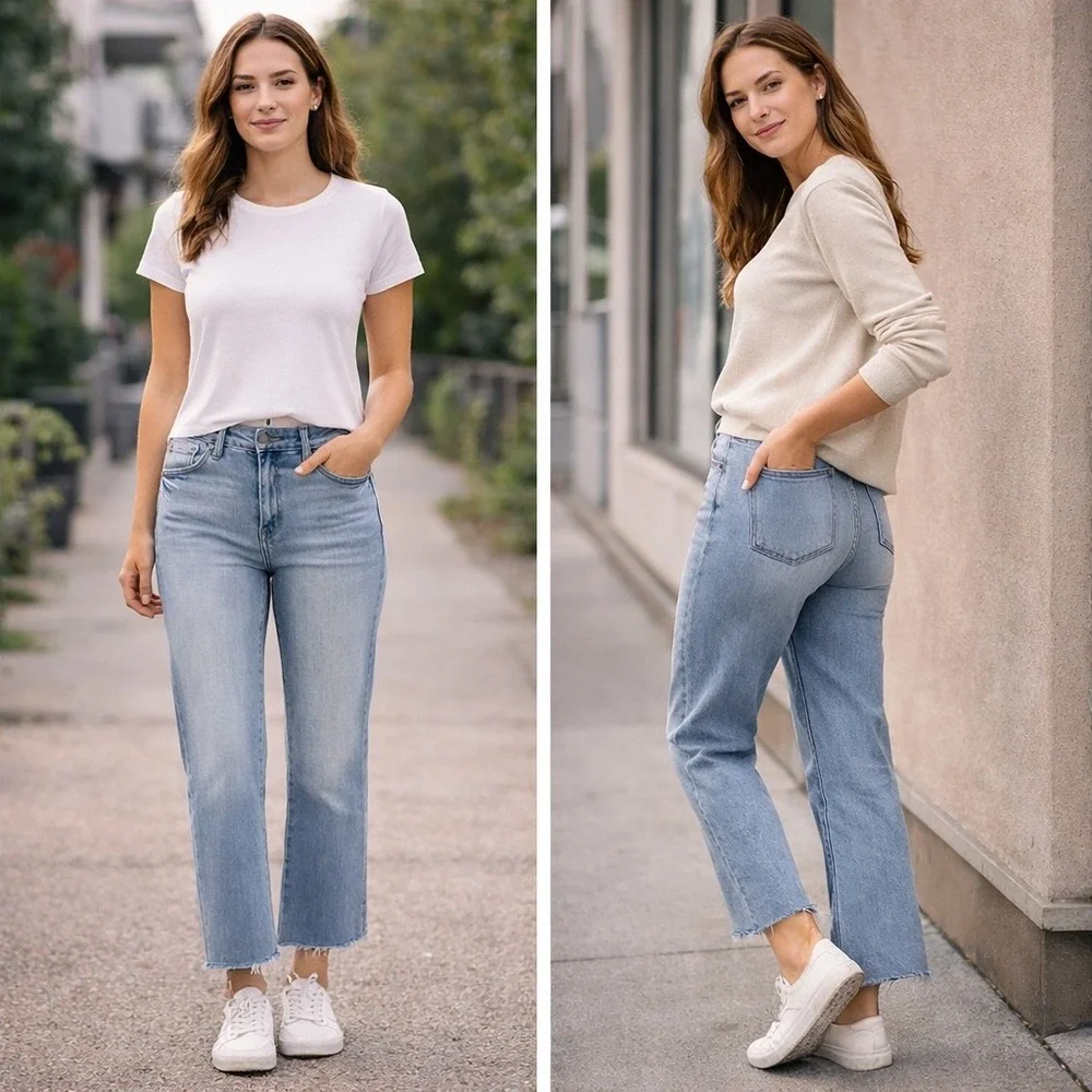 KanCan High Rise Cropped Straight Jeans‎ 26 Light Wash Raw Hem Minimalist Y2K